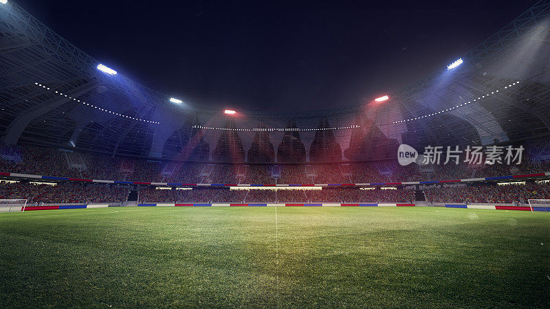 空荡荡的足球场，聚光灯和带有法国国旗属性的球迷论坛。3 d渲染。参加比赛的法国足球队